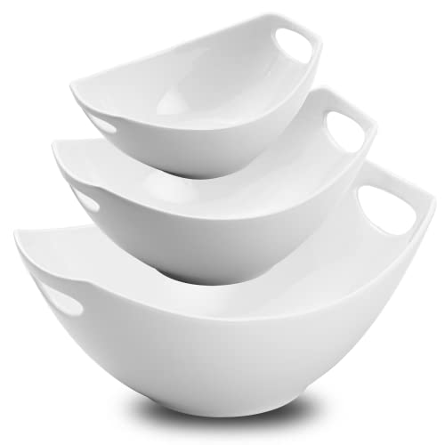 Gomakren Porcelain Serving Bowl Set with Handles Set of 3 White Dishes Mixing Bowl Set for Entertaining Nesting Dishes Bowl Set Dishwasher and Oven Safe