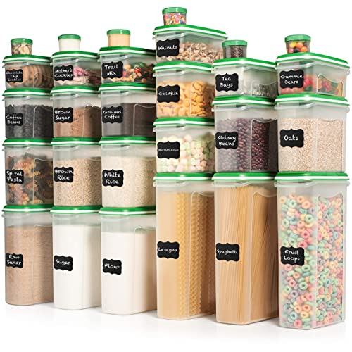 ULTIMATE LARGEST Set of 56 Pc Food Storage Containers (28 Container Set) Shazo Airtight Dry Food Space Saver with Two Type Interchangeable Lids Labels  Marker  One Lid Fits All