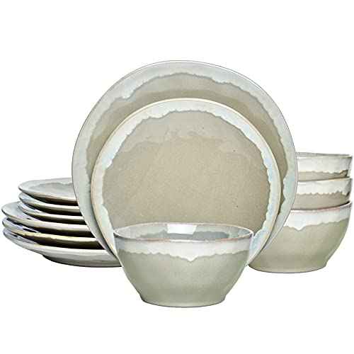 Bosmarlin Stoneware Dinnerware Set Ceramic Bowls and Plates Set Service for 4 12 Piece Microwave and Dishwasher Safe Reactive Glaze (Grayish Green)