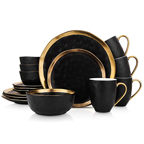 Stone Lain Porcelain 16 Piece Dinnerware Set Service for 4 Black and Golden Rim
