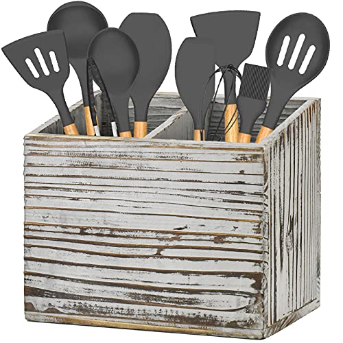 YME YM Kitchen Utensil Caddy With 2 Compartments Rustic Kitchen Utensil Holder Wood Utensil Organizer Box Farmhouse Utensil Crock Flatware Organizers Cutlery Storage Box For Kitchen (Gray)