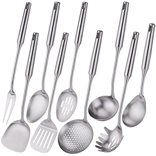 304 Stainless Steel Kitchen Utensil Set Standcn 9 PCS All Metal Cooking Tools with Solid Spoon Slotted Spoon Meat Fork Spatula Ladle Skimmer Slotted Spatula Spaghetti Server Large Spoon