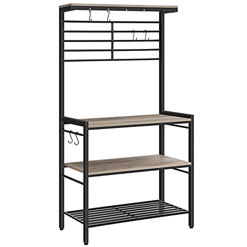 HOOBRO Kitchen Bakers Rack Kitchen Microwave Oven Stand with High Display Shelf 2 Wooden Shelves and Mesh Panel Kitchen Island Rack with 6 Hooks Adjustable Feet Greige and Black BG01HB01