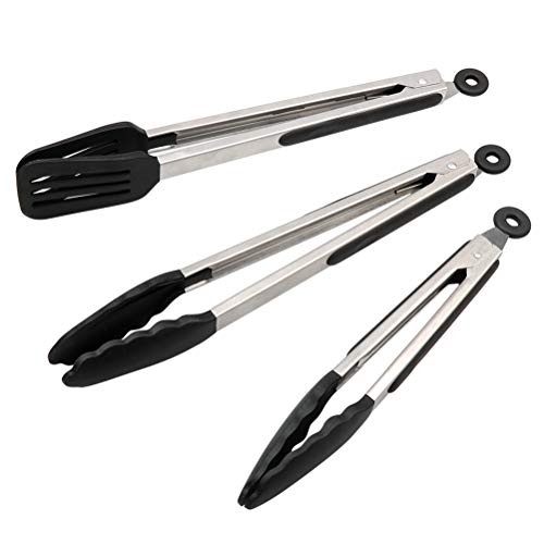 Kitchen Tongs Set of 3  Stainless Steel Cooking Tongs with Silicone Tips including 12 Spatula Tong for EasyTurning and 2 Basic Food Tongs(9 12) for BBQ Salad Grilling Serving (Black)
