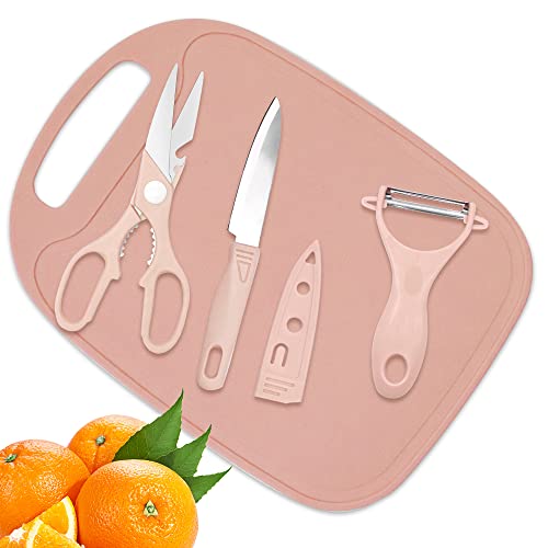 Mini Travel Cutting Board Set 4 Pcs Mini Camping Plastic Cutting Board And Knife Kitchen Fruits  Vegetable Peeler Scissors Non Slip Portable Stainless Steel Picnic Small Cutting Board Set (Pink)