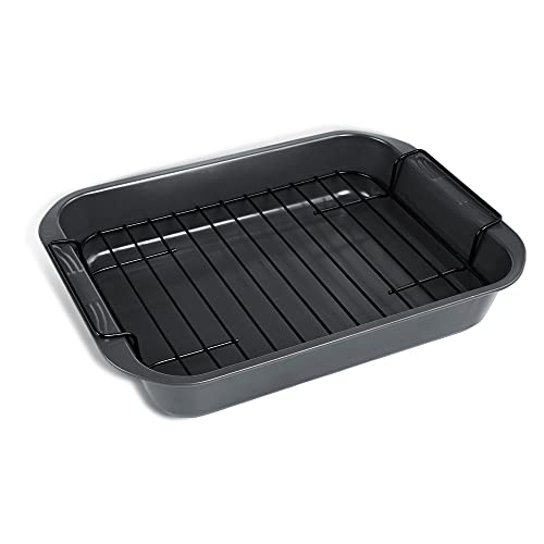 kitCom Bakeware Nonstick Roaster Nonstick Roasting Pan with Rack Great For Roast Chicken Roasts And Turkeys  15 Inch x 11 Inch (58 QT)  Gray