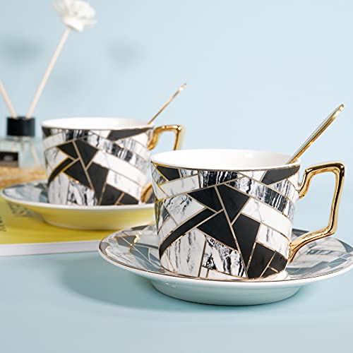 7 oz  Irregular Design Porcelain Cups with Saucers and Spoon ，Cappuccino Cups Coffee Cups Latte Cups Espresso Mug，Set of 2 (Black)