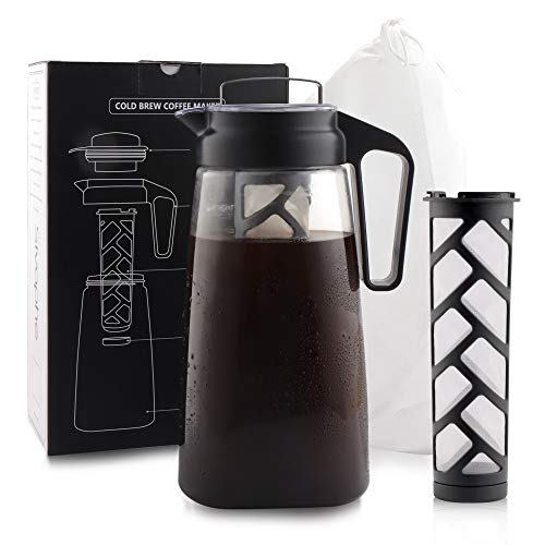 Cold Brewer Coffee Maker Deluxe 2 Quart by Sivaphe Deluxe Patented Manual Iced Tea Method 64oz Leak Proof Coffee Pitcher with 2 Removable Large FinishMesh Filters