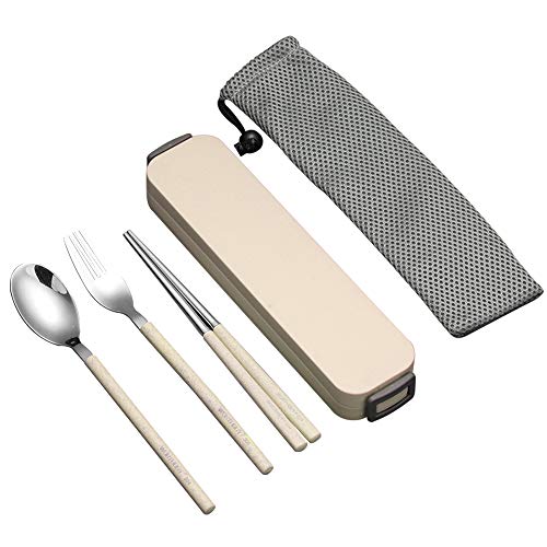 YBOBK HOME Portable Flatware Set with Case Stainless Steel Chopsticks Fork and Spoon Reusable Flatware Set Dishwasher Safe Utensils with Colored Handle for To Go Anywhere (Beige)