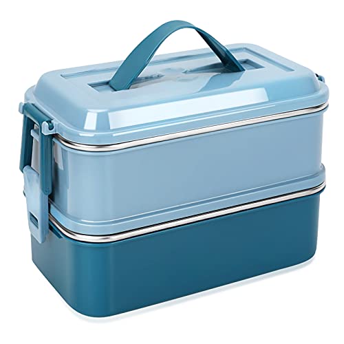 welltop Bento Box 1400ML Large Capacity Bento Lunch Boxes Leakproof Stainless Steel Food Storage Container Modern BentoStyle Design Includes 2 Stackable Containers for Adults Kids (Blue)