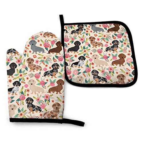 RENGMIAN Floral Dachshund Oven Mitts and Pot Holders Heat Resistant Oven Gloves Safe Cooking Baking Grilling