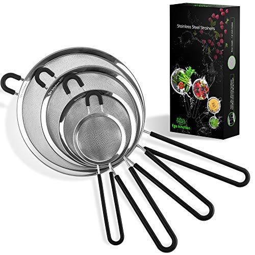 FGS Kitchen Stainless Steel Strainers  Fine Mesh Strainers with NonSlip Handles and Hanging Ears  4 Sizes Premium Fine Sieve Set for Straining Sieving Sifting Filtering and Rinsing