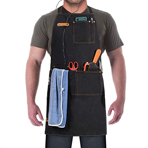Chef BBQ Work Apron with Bottle Opener and Towel Durable Adjustable Aprons For Men Women Grilling and Cooking (Black)