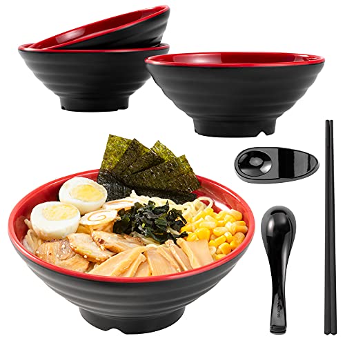 NJCharms Ramen bowls set 4 (16 Pieces) 37 oz Large Japanese Melamine Udon Noodle Bowls with Spoons Chopsticks and Stands Asian Chinese Large Soup Thai Miso Bowl