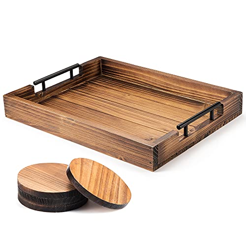 Berry Store Ottoman Tray with Handle for Living Room  Set of 4 Natural Wooden Coasters  Rustic Serving Tray for Coffee Table  Kitchen Decorative Tray with Handles  Breakfast in Bed Tray
