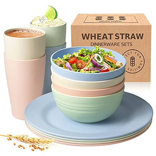 Peurif Kitchen Wheat Straw Dinnerware Sets Dinner Plates 98 Cereal Bowls 59 Tumblers 13 oz Unbreakable  Reusable Plastic Tableware Set Dishwasher Safe (Multicolor Service for 4)
