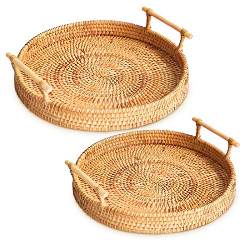 Rattan Round Serving Tray 2 Size HandWoven Rattan Tray Serving Tray with Handles Wicker Tray Basket Tray for Bread Fruit Food Coffee Breakfast Display