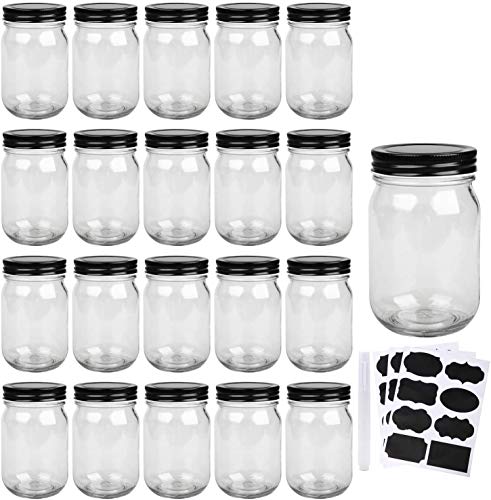 Mason JarsGlass Jars With Lids 12 ozCanning Jars For Pickles And Kitchen StorageWide Mouth Spice Jars With Black Lids For HoneyCaviarHerbJellyJamsSet of 20…
