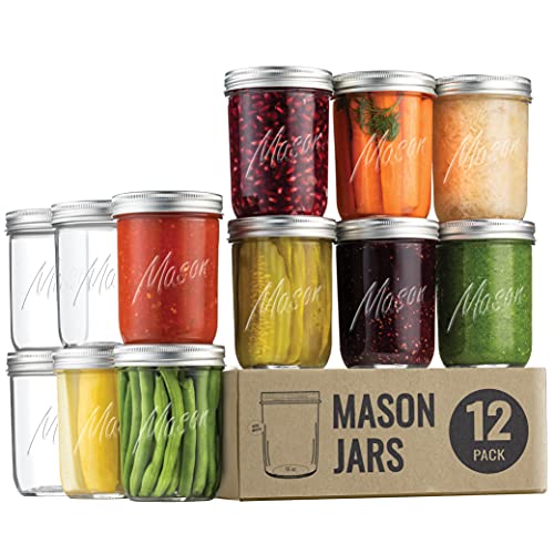 WideMouth Glass Mason Jars 16Ounce (12Pack) Glass Canning Jars with Silver Metal Airtight Lids and Bands with Chalkboard Labels for Canning Preserving Meal Prep Overnight Oats Jam Jelly