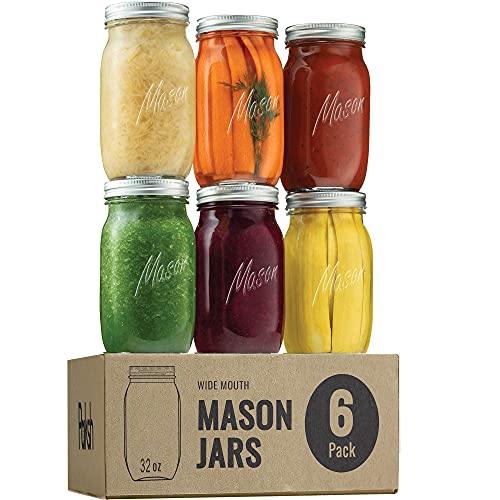 WideMouth Glass Mason Jars 32Ounce (6Pack) Glass Canning Jars with Silver Metal Airtight Lids and Bands with Chalkboard Labels for Canning Preserving Meal Prep Overnight Oats Jam Jelly