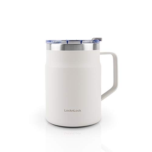 LocknLock Metro Mug Stainless Steel Double Wall Insulated with Handle Lid 16 oz Off White