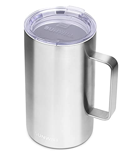 SUNWILL Stainless Steel Coffee mug Beer Mug Vacuum Insulated Travel Mug with Handle and Lid Double Wall Reusable Thermal Camping Cup 22 oz Coffee Tumbler Outdoor Stainless Steel Silver