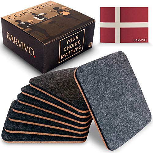 BARVIVO Black Coasters for Drinks Absorbent Set of 8  Perfect Two Sided Drink Coasters for Wooden Table Protection with a Scratch Preventing Cork Side and an Instant Condensation Absorbing Felt Side