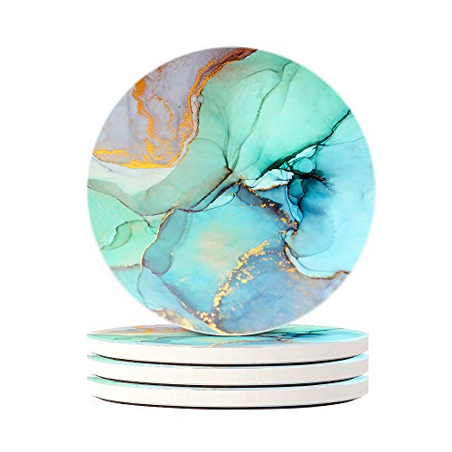 Lahome Marble Style Coasters  Round Drinks Absorbent Stone Coaster Set with Ceramic Stone and Cork Base for Kinds of Mugs and Cups (Ocean Green 4)