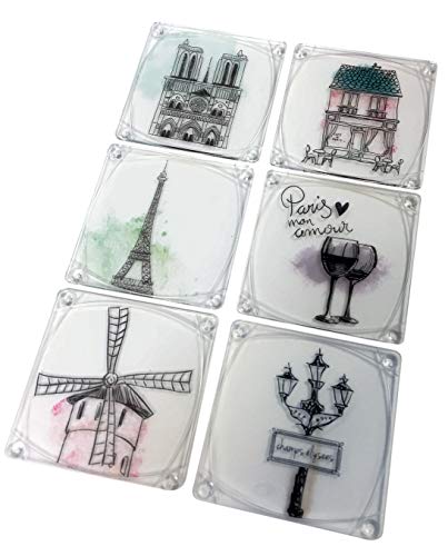Idea Design Studio Acrylic Coasters with Paris Design with Clear Acrylic Holder (Set of 6)