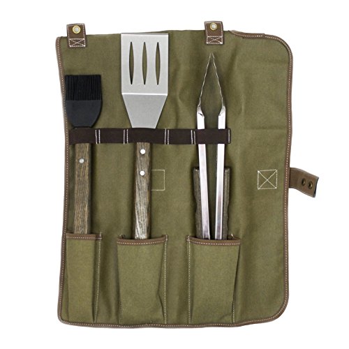 Charcoal Companion CC1093 Oval Pro Chef 3PC (S LTBB) Toolset Roll Olive Green Tote Espresso Stained Tool Handles