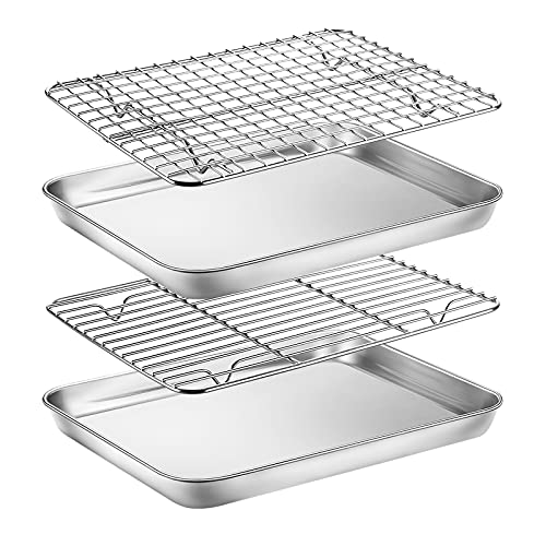 Baking Sheet with Rack Set Yododo Set of 4 (2 Sheets  2 Racks) Stainless Steel Cookie Sheet Baking Pan Tray with Cooling Rack Non Toxic  Heavy Duty  Easy Clean  Size of 10 inch