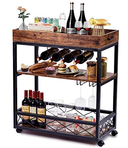 Gbasics Bar Cart Solid Wood Bar Serving Cart with 4Bottle Wine Rack and Glass Holder 3 Tier Bar Cart Removable Tray with Handle Industrial Wine Cart on Wheels for Home Kitchen