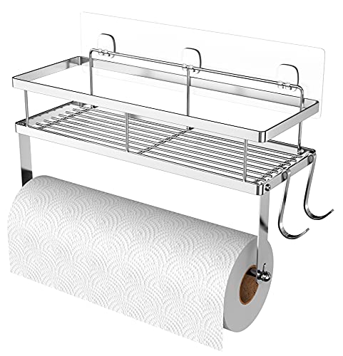 ESOW Paper Towel Holder with Shelf Storage Adhesive Wall Mount 2in1 Basket Organizer for Kitchen  Bathroom Durable Metal Wire Design Stainless Steel 304 Brushed Nickel Finish