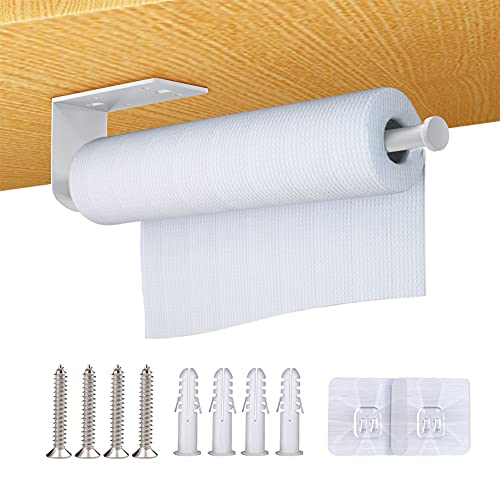 TONLEA Metal Kitchen Paper Towel Holder White Roll Holder Under Kitchen Cabinet Towel Rack Wall Mount Adhesive and Drilling