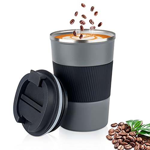 Travel Coffee Mug Spill Proof 12oz Insulated Coffee Mug to Go Thermo Hot Coffee Tumbler Reusable Coffee Travel Mug with Seal Lid Vacuum Stainless Steel Coffee Cups for HotIce Coffee Tea (Grey)