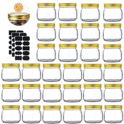Mason Jars 8 oz 30 Pack Small Mason Jars With Gold Lids 14 Quart Canning Jars Storage Pickling Jars For Jelly Jam Honey Pickles  Spice Glass Jars  With Free 30 Chalkboard Labels