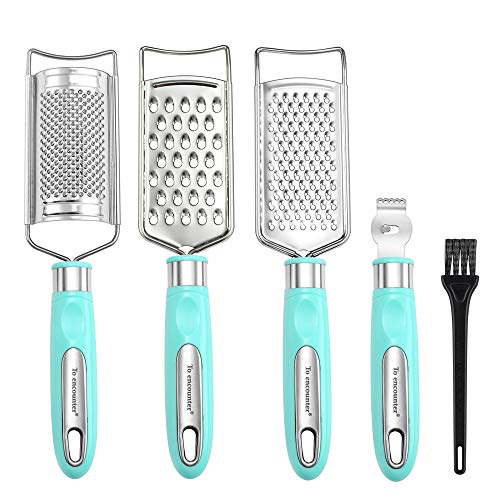 To encounter Set of 5 Cheese Grater  PeelerLemon Zester Stainless Steel Multipurpose Kitchen Food Grater Slicer for Vegetable Fruit Chocolate With Cleaning Brush (Green)