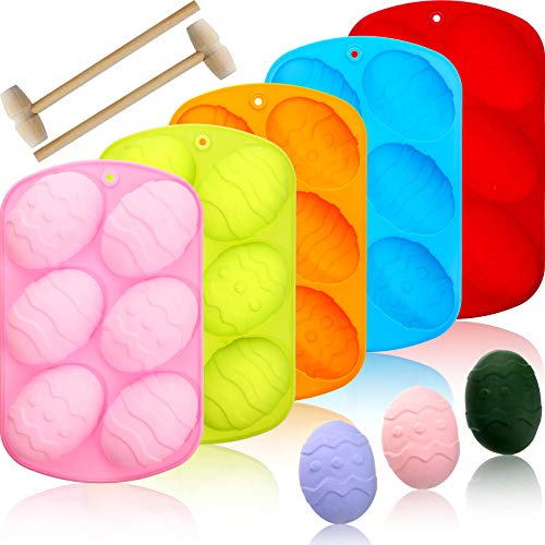 5 Pieces Easter Egg Chocolate Candy Molds Easter Egg Shaped Silicone Cake Molds Silicone Molds Trays with 2 Pieces Wooden Hammer for Candy Chocolate Handmade Soap and Ice Cube Egg Hunt Games Supplies