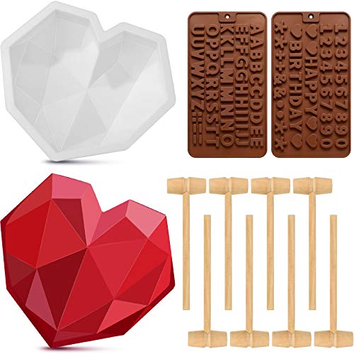 Diamond Heart Shape Silicone Cake Mold and Silicone Letter Mold and Number Chocolate Mold with 8 Pieces Mini Wooden Hammers for Home Kitchen DIY Baking Tools (White)