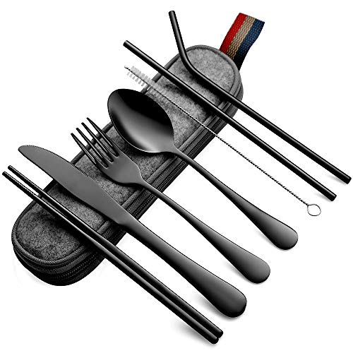 DEVICO Portable Utensils Travel Camping Cutlery Set 8Piece including Knife Fork Spoon Chopsticks Cleaning Brush Straws Portable Case Stainless Steel Flatware set (Black)