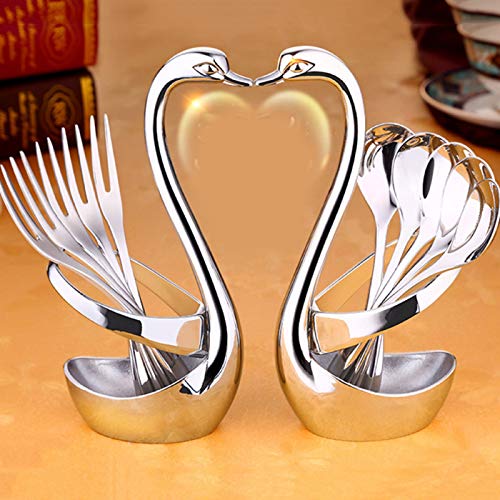 GUANGE Stainless Steel Swan Base Dinnerware Set Swan Spoon Holder for Dining Table Swan Spoon and Fork Holder with 5 Spoons for Coffee Fruit Dessert Silver