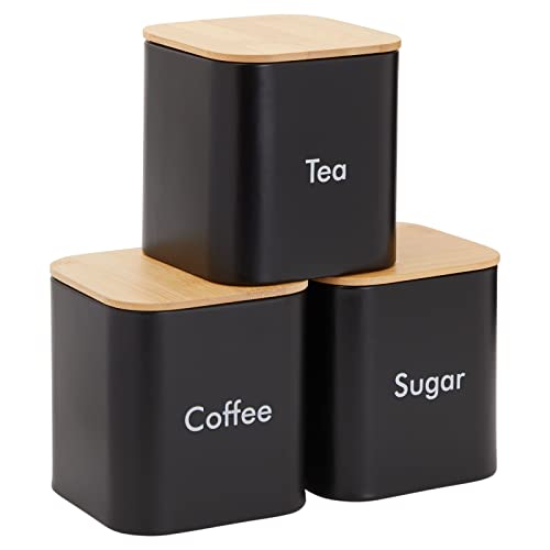 Sugar Tea Coffee Kitchen Canister Set Black Stainless Steel Containers with Bamboo Lids (54 oz 3Piece Set)