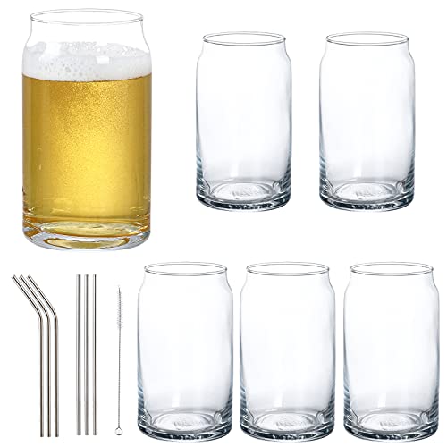 16 oz Beer Glasses 6 Pack Beer Can Glass Pint Drinking Glass Cups With Straws Suitable for juice beer soda iced drinks and cocktails