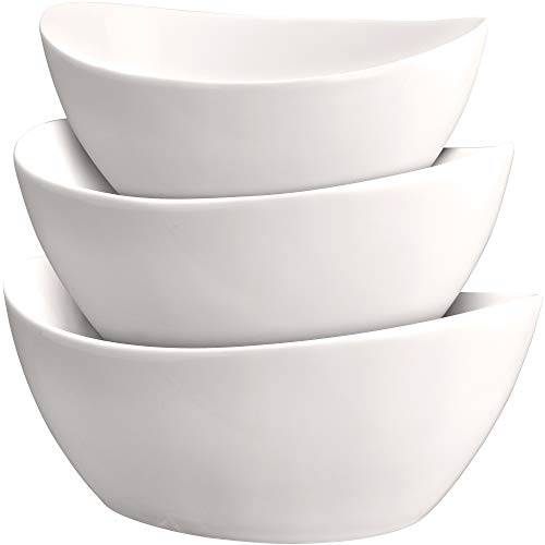 3 Piece Serving Bowl Set  Elegant White Porcelain Salad Bowls for Fruit Salad Pasta and Soup  Food Server Display Dishes for Party or Display  24 oz 34 oz and 44 oz  by DécorDine