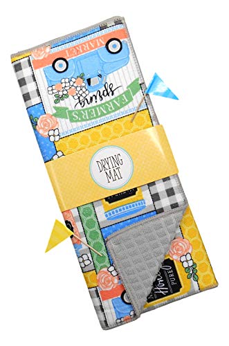 Farmers Spring Market Patchwork on Gray and White Buffalo Plaid Background Kitchen Dish Drying Mat with 2 Matching Picks  Reversible Dish Drying Mat 15 X 20