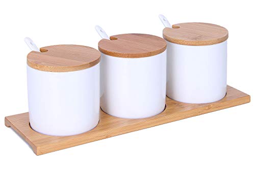 VanEnjoy Ceramic Sugar Spice Containers Porcelain Jar with Bamboo Lids Tray and Spoons Round Condiment Jar for Home Set of 3 (Small white cylindrical)