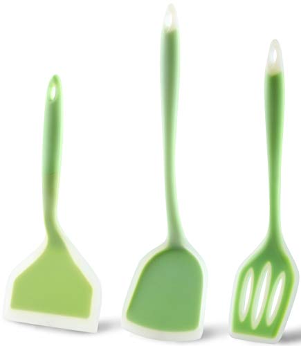 3 Pieces Silicone Spatula Turner Set  Nonstick Pancake Egg Flipper Heat Resistant 480℉ Kitchen Wok Turner Large Wide Fish Spatula  Slotted Spatula Cooking Utensils for Burger Omelets Green