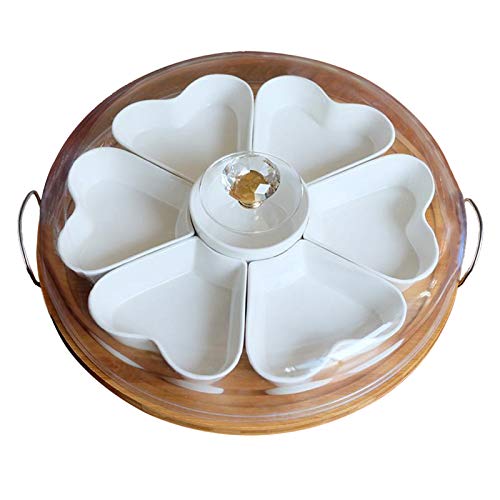 Household Ceramic Dried Fruit PlateSnack Tray with Lid and Metal HandleDivided Serving TrayWooden TrayFood Serving Platter for FruitNutsCandyWhite