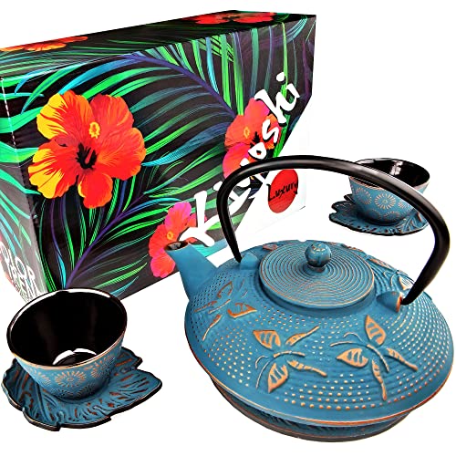 KIYOSHI Luxury 7PC Japanese Tea Set Blue Butterfly Cast Iron Tea Pot with 2 Tea Cups 2 Saucers Loose Leaf Tea Infuser and Teapot Trivet Ceremonial Matcha Accessories
