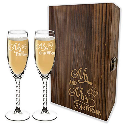Bride And Groom Champagne Glasses Set With Wooden Gift Box  6 Premium Custom Designs  Personalized Mr And Mrs Champagne Flutes Glass for Wedding Toasting  Engraved by Froolu